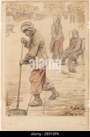 Koloniale Kehrmaschinen, Champs-Elysées, 8. (Dummy-Titel) Sweeper Colonial Streets of Paris während des Krieges. (Dummy-Titel) Stockfoto