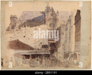 Skizzieren Sie die Hallen de Paris (zugewiesener Titel), den überdachten Markt Les Halles Street Prouvaires und die Südfassade der Kirche Saint-Eustache, und schießen Sie den heutigen Ort René Cassin, 1. Bezirk. (Dummy-Titel) Stockfoto