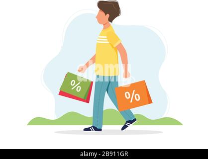 Mann mit Einkaufstaschen, Frühjahrsverkaufskonzept. Niedliche Vektorgrafiken in flachem Stil Stock Vektor
