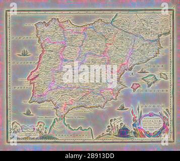 Karte, Nova et accurata tabula hispaniae, praecipuis urbibus, vestitu, insignibus, et antiquitatibus exornata, Joannes Lhuilier, Copperplate print, von Gibon neu vorgestellt, Design von warmem, fröhlichem Leuchten von Helligkeit und Lichtstrahlen. Klassische Kunst mit moderner Note neu erfunden. Fotografie, inspiriert vom Futurismus, die dynamische Energie moderner Technologie, Bewegung, Geschwindigkeit und Kultur revolutionieren. Stockfoto