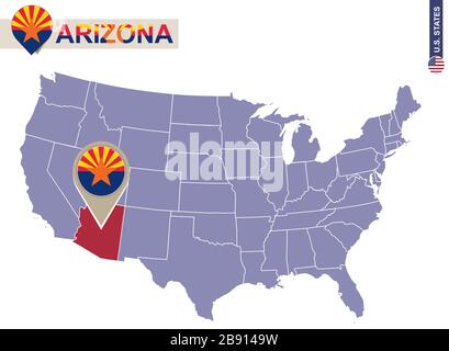 Arizona State auf USA Karte. Flagge und Karte von Arizona. US-Bundesstaaten. Stock Vektor