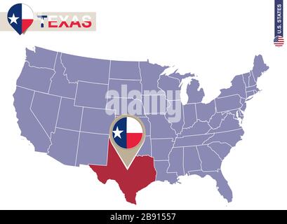 Texas State on USA Map. Flagge und Karte von Texas. US-Bundesstaaten. Stock Vektor