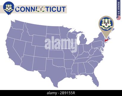 Connecticut State on USA Map. Flagge und Karte von Connecticut. US-Bundesstaaten. Stock Vektor