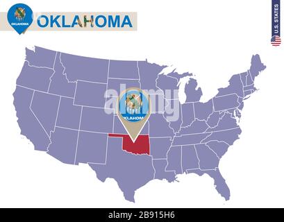 Oklahoma State auf USA Karte. Flagge und Karte von Oklahoma. US-Bundesstaaten. Stock Vektor