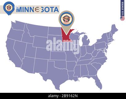 Minnesota State auf USA Karte. Flagge und Karte von Minnesota. US-Bundesstaaten. Stock Vektor