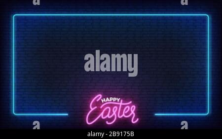 Oster-Neon-Hintergrund. Oster-Vorlage mit Schriftzug und leuchtendem Rahmen Stock Vektor