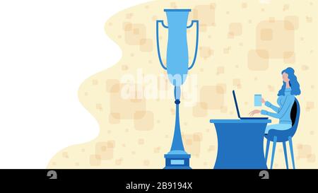 Geschäftsfrau, die mit einer Trophäen-Cup-Ikone für den Sieg arbeitet. Alle Objekte, Schatten und Hintergrund befinden sich in verschiedenen Ebenen. Stock Vektor