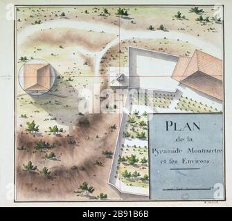 Karte von Pyramid Montmartre und Umgebung Anonyme. Plan de la Pyramide Montmartre et ses environs. Paris (XVIIIème arr.). Plume, lavis d'aquarelle. Paris, musée Carnavalet. Stockfoto
