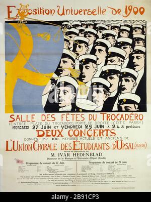 UNIVERSALAUSSTELLUNG 1900 KONZERTCHOR DER STUDENTENUNION UPPSALA, TROCADERO ALBERT ENGSTROM (1869-1940). Imprimerie Idun. Exposition Universelle de 1900, Concerts de l'Union Chorale des Etudiants d'Upsal, Trocadéro. Affiche. Lithographie couleur, 1900. Paris, musée Carnavalet. Stockfoto