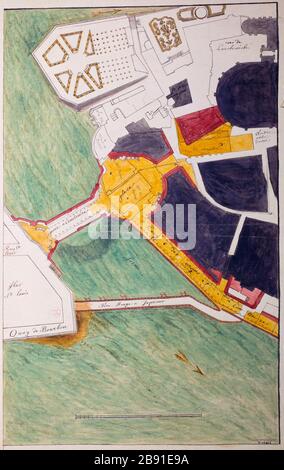 Entwicklungsprojekt für die Spitze der Stadt, Vierte Gemeinde, Paris, 1760 Anonyme. Projet d'aménagement pour la pointe de la Cité, Ive arrononsment, Paris, vers 1760. Pflaume, Flusskrebse, Lavis d'aquarelle, Vers 660. Paris, musée Carnavalet. Stockfoto