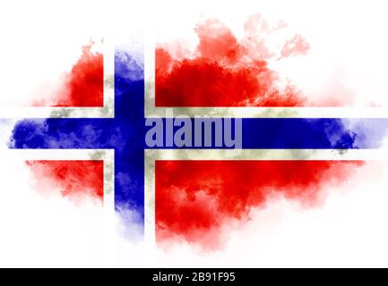 Die norwegische Flagge trat aus Farbrauch auf dem weißen Hintergrund auf. Abstraktes Symbol. Stockfoto