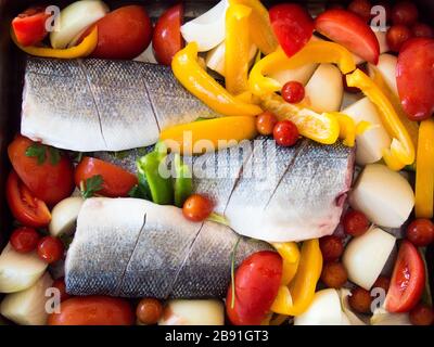 Seebarsch, Paprika, Tomate und Zwiebel bereit zum Backen Stockfoto