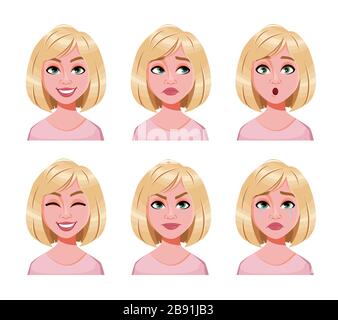 Gesichtsausdrücke der süßen blonden Frau. Unterschiedliche weibliche Emotionen setzen. Schöne Zeichentrickfigur der Dame. Vektorgrafiken isoliert auf weißem Backgrou Stock Vektor