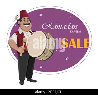 Ramadan Kareem Grußkarte. Ramadan Drummer. Fröhliche Zeichentrickfigur mit Trommel. Vektorgrafiken Stock Vektor