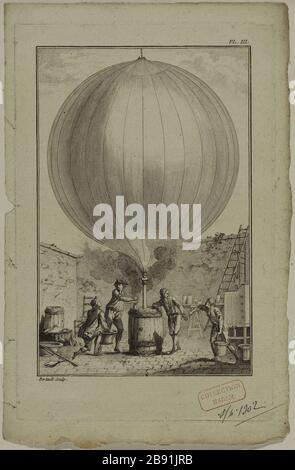 INFLATIONSKUGEL AUF DEM SCHLOSS DES STUMPFEN "Gonflement du ballon au château de la Muette, 21 novembre 1783". Estampe de Berthauld. Paris, musée Carnavalet. Stockfoto