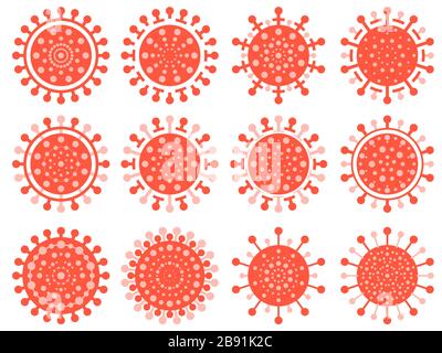 Coronavirus-Krankheit COVID-19 Symbole gesetzt. Viruszellensammlung isoliert auf weißem Hintergrund. 2019-nCoV, Atemwegssyndrom im mittleren Osten. Chinesisches Virus Stock Vektor