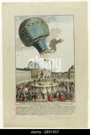 Erleben Sie die aérostatique, die am 10. September 1783 in Versailles Anonyme gemacht wurde. "Expérience aérostatique faite à Versailles le dix neuf Septembre 1783". Eau-forte coloriée. Paris, musée Carnavalet. Stockfoto