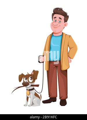 Junger Mann, der einen Hund spazieren geht. Niedliche Cartoon-Charaktere. Vektorgrafiken auf weißem Hintergrund Stock Vektor