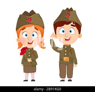 Mai 9. Süße Zeichentrickfiguren für Jungen und Mädchen. Tag des glücklichen Sieges. Russischer Urlaub. Vektorgrafiken auf weißem Hintergrund Stock Vektor