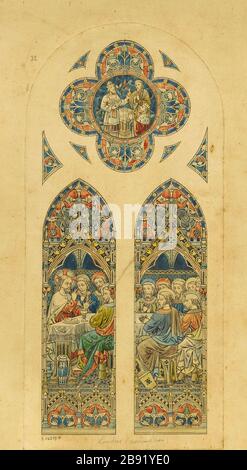 ALBUM # 4; ENTWURF FÜR BUNTES LONDON (KLOSTER DER ANNAHME); FENSTER ZWEI SPANNE: DAS ABENDMAHL-ATELIER GSELL-LAURENT. Album Nr. 4; projet de vitrail pour Londres (coouvent de l'Assomption); fenêtre à deux travées : la cène. Encre de Chine, aquarelle. Paris, musée Carnavalet. Stockfoto