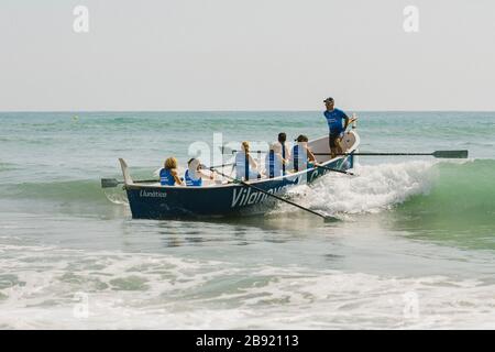 Wettbewerb der Laguters oder Laguts, katalanische Traditionsboote, in Cambrils, Tarragona. Katalonien, Spanien Stockfoto