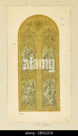 ALBUM # 4; ENTWURF FÜR BUNTSANDSTEININSEL ADAM; FENSTER ZWEI SPANNWEITEN; RECHTS: JESUS ​​CHARPENTIER, AUFERSTEHUNG DES LAZARUS, LINKS (?): HEIRAT DER JUNGFERNFLUCHT IN ÄGYPTEN ATELIER GSELL-LAURENT. Album Nr. 4; projet de vitrail pour l'Isle Adam; fenêtre à deux travées; à droite : Jésus charpentier, Résurrection de Lazare (?), à gauche : mariage de la Vierge, fuite en Egypte. Crayon et rehaut de gouache. Paris, musée Carnavalet. Stockfoto