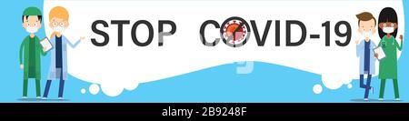 Cartoon mit Text Stop Covid-19, zur Vermeidung und zum Schutz vor Viren, Vektorgrafiken Stock Vektor