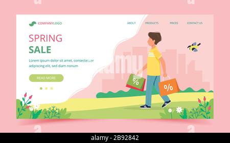 Mann mit Einkaufstaschen, Frühjahrsverkaufskonzept. Vorlage für Landing-Page. Niedliche Vektorgrafiken in flachem Stil. Stock Vektor