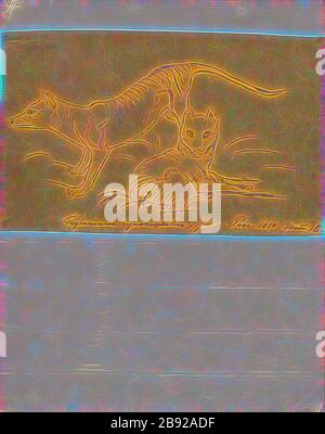 Thylacinus cynocephalus, Print, das heute erloschene Thylacinus cynocephalus ist eines der größten bekannten fleischfressenden Beuteltiere, das sich vor etwa 4 Millionen Jahren entwickelt. Das letzte bekannte lebende Tier wurde 1933 in Tasmanien gefangen genommen. Er wird aufgrund seines gestreiften unteren Rückens oder des tasmanischen Wolfes aufgrund seiner kantigen Eigenschaften im Allgemeinen als Tasmanischer Tiger bezeichnet. Sie war auf Tasmanien, Neuguinea und dem australischen Festland beheimatet. 1850, von Gibon neu vorgestellt, Design von warmem, fröhlichem Glanz von Helligkeit und Lichtstrahlen. Klassische Kunst mit moderner Note neu erfunden. Foto Stockfoto