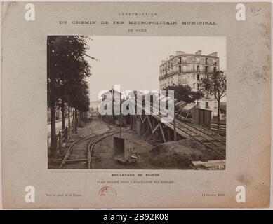 Bau / Straßeneisen Metropolitan / Stadtflughafen / Paris Boulevard Picpus / Wegfall die Räumung von Verderben. Blick auf den Boulevard de Picpus, 13. Bezirk, Paris. Anonyme. Bau / du chemin de fer métropolitain / Munizipalität de Paris / Boulevard de Picpus / Plan incliné pour l'évacution des déblais. "Vue de la Construction du métro Boulevard de Picpus, 13ème-Viertel, Paris". Tirage au gélatino-bromure d'argent. En 1905-10-11-1905-10-11. Paris, musée Carnavalet. Stockfoto