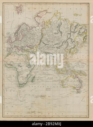 Östliche Hemisphäre. New Holland. Welt auf Mercators Projektion. LIZARS-Karte von 1842 Stockfoto