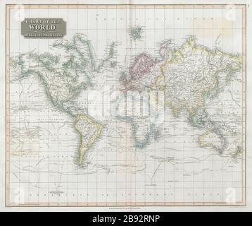 Diagramm der Welt auf Mercators Projektion. Routen der Entdecker. THOMSON 1830 Karte Stockfoto