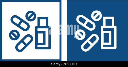 Symbol mit gezogenen Arzneipillen und Fläschchen. Eine Reihe von Instrumenten zur Behandlung von Krankheiten. Zwei quadratische Optionen. Vektor-isolierte Abbildung. Stock Vektor