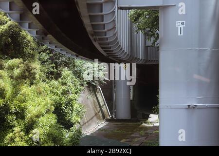 Kamakura, Shonan, Kanagawa/Japan-20. Mai 2019: Der schöne Blick auf die Straßenlandschaft von der Innenseite der Shonan-Einschienenbahn Stockfoto