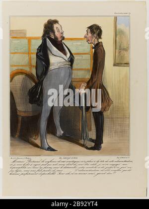 SIR BERTRAND ZUVERSICHT UNSERER MITBÜRGER ICH STEHE AN DER SPITZE DER VERWALTUNG, UND ICH SAGE IHNEN, DASS SIE ES BEREUEN, WAS AUCH IMMER SIE MEINEN WUNSCH HABEN, NÜTZLICH ZU SEIN, .. Honoré Daumier (1808-1879). "Onsieur Bertrand, la confiance de nos concitoyens m'a placé à la tête de cette Administration, et je vous le dis à bereue, quel que soit mon désir de vous être utile, ...". Lithographie coloriée et gommée. 1836-186. Paris, Maison de Balzac. Stockfoto