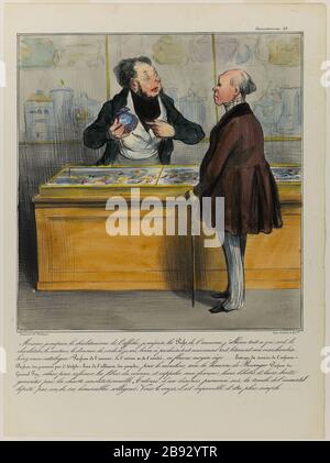 SIR, ICH VERACHTE DAS SCHARLATANISMUS-PLAKAT, ICH VERACHTE PUFS DER ANKÜNDIGUNG, ICH VERABSCHENDE ALLE, DIE DEN QUACK, DEN JUMPER, DAS TÄNZERSEIL UND ICH GESENDET HABEN. Honoré Daumier (1808-1879). "Monsieur, je méprise le charlatanisme de l'affiche, je méprise les Pufs de l'annonce, j'abhorre tout ce qui sent le charlatan, le sauteur, le danseur de corde et je me...". Lithographie coloriée et gommée. 1836-186. Paris, Maison de Balzac. Stockfoto