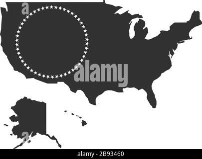 50 amerikanische Staatssterne im Kreis auf der usa-Karte im Inneren. Darstellung des Stock-Vektors auf weißem Hintergrund isoliert. Stock Vektor