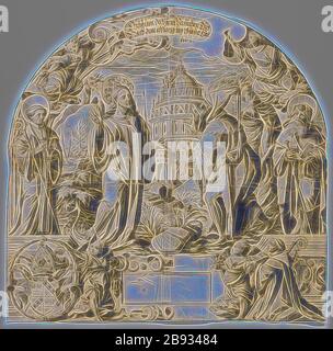 Zerbrochenes Glas für ein Lunettenfenster mit der Versuchung Christi, flankiert von den Heiligen Benedikt und Jakobus d., Ä., links unten das Wappen des Abtes Jacobus Maier, Abtes von Muri, 1592, Feder in schwarz, grau gewaschen, Blatt: 65,3 x 65,7 cm, o. in der Kartusche mit Stift in Braun beschriftet: Christum der Vyent Try Thet, nach, er war vier Tage alter Gfastet-Hut, u., in der Kartusche mit Stift in Schwarz und Monogramm datiert: 1592 DLM [lig.], Daniel Lindtmayer d. J., Schaffhausen 1552-1603 Stans, von Gibon neu erdacht, Design von warmfröhlichem Leuchten von Helligkeit und Lichtstrahlen. Klassische Kunst neu inv Stockfoto