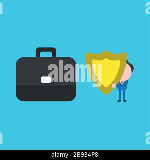 Vektordarstellung der Figur des Geschäftsmannes, die Schutzschild mit Aktenkoffer hält. Stock Vektor