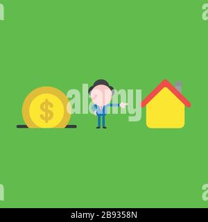 Vector Illustration der Geschäftsmann Charakter mit Dollar Münze in kässeli, Geld zu sparen und nach Kauf Haus. Stock Vektor