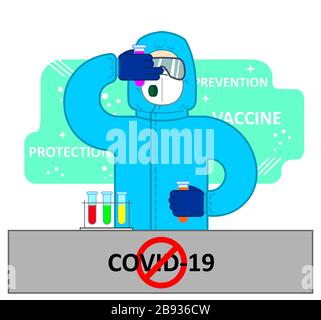 Coronavirus Impfstoffkonzept, Kovid-19, 2019-ncov. Ein Mann in Schutzkleidung, Brille, Maske, Atemschutzmaske hält Reagenzgläser in seinen Händen; Impfstoff, Stock Vektor