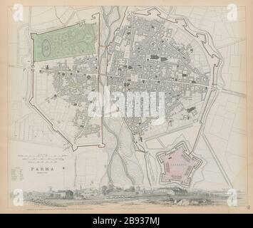 PARMA Antique Stadtplan & Panorama Parme SDUK 1844 alt Stockfoto