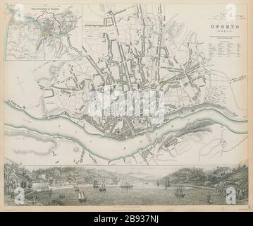 OPORTO PORTO Antik Stadtplan & Panorama Umgebung SDUK 1844 Stockfoto