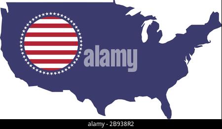 Karte der USA und Rundfahne in Landesfarben. Darstellung des Stock-Vektors auf weißem Hintergrund isoliert Stock Vektor