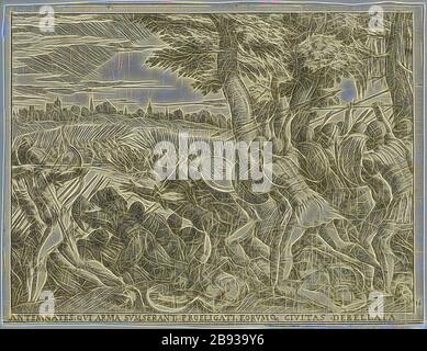 Giovanni Battista Fontana, italienisch, 1524-1587, die Niederlage der Antemnaeer, 1573, Radierung und Gravur in schwarzer Tinte auf verlegtem Papier, Blatt: 13,7 × 17,8 cm (5 3/8 × 7 Zoll), von Gibon neu vorgestellt, Entwurf eines warmfröhlichen Lichtreflens von Helligkeit und Lichtstrahlen. Klassische Kunst mit moderner Note neu erfunden. Fotografie, inspiriert vom Futurismus, die dynamische Energie moderner Technologie, Bewegung, Geschwindigkeit und Kultur revolutionieren. Stockfoto