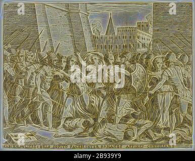 Giovanni Battista Fontana, italienisch, 1524-1587, die Sabina-Frauen negieren einen Frieden, 1573, Radierung und Gravur in schwarzer Tinte auf verlegtem Papier, Blatt: 5 1/4 × 6 3/4 Zoll (13,3 × 17,1 cm), von Gibon neu vorgestellt, Design von warmem, fröhlichem Leuchten von Helligkeit und Lichtstrahlen. Klassische Kunst mit moderner Note neu erfunden. Fotografie, inspiriert vom Futurismus, die dynamische Energie moderner Technologie, Bewegung, Geschwindigkeit und Kultur revolutionieren. Stockfoto