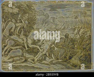 Giovanni Battista Fontana, italienisch, 1524-1587, Romulus unterwirft die Fidenäer, 1573, Radierung und Gravur in schwarzer Tinte auf verlegtem Papier, Blatt: 5 3/8 × 7 Zoll (13,7 × 17,8 cm), von Gibon neu vorgestellt, Entwurf eines warmfröhlichen Lichts von Helligkeit und Lichtstrahlen. Klassische Kunst mit moderner Note neu erfunden. Fotografie, inspiriert vom Futurismus, die dynamische Energie moderner Technologie, Bewegung, Geschwindigkeit und Kultur revolutionieren. Stockfoto