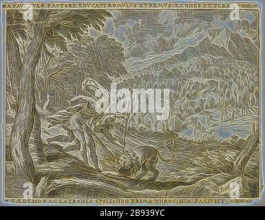 Giovanni Battista Fontana, italienisch, 1524-1587, Romulus und Remus vom Hirten Faustulus, 1573, Radierung und Gravur in schwarzer Tinte auf verlegtem Papier, Blatt: 13,7 × 17,8 cm (5 3/8 × 7 Zoll), von Gibon neu vorgestellt, Entwurf von warmem Glanz von Helligkeit und Lichtstrahlen. Klassische Kunst mit moderner Note neu erfunden. Fotografie, inspiriert vom Futurismus, die dynamische Energie moderner Technologie, Bewegung, Geschwindigkeit und Kultur revolutionieren. Stockfoto