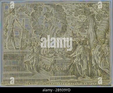 Giovanni Battista Fontana, italienisch, 1524-1587, Romulus bietet Hercules, 1573, Ätzung und Gravur in schwarzer Tinte auf verlegtem Papier, Blatt: 14 × 17,8 cm (5 1/2 × 7 Zoll), von Gibon neu vorgestellt, Design von warmem, fröhlichem Leuchten von Helligkeit und Lichtstrahlen. Klassische Kunst mit moderner Note neu erfunden. Fotografie, inspiriert vom Futurismus, die dynamische Energie moderner Technologie, Bewegung, Geschwindigkeit und Kultur revolutionieren. Stockfoto