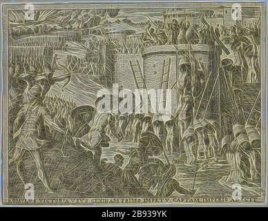 Giovanni Battista Fontana, italienisch, 1524-1587, Romulus nimmt die Stadt Caenina, 1573, Radierung und Gravur in schwarzer Tinte auf verlegtem Papier, Blatt: 5 3/8 × 7 Zoll (13,7 × 17,8 cm), von Gibon neu vorgestellt, Design von warmem, fröhlichem Leuchten von Helligkeit und Lichtstrahlen. Klassische Kunst mit moderner Note neu erfunden. Fotografie, inspiriert vom Futurismus, die dynamische Energie moderner Technologie, Bewegung, Geschwindigkeit und Kultur revolutionieren. Stockfoto